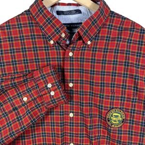 VINTAGE Tommy Hilfiger‎ Button Down Shirt Mens XXL Red Plaid Crest Patch Preppy